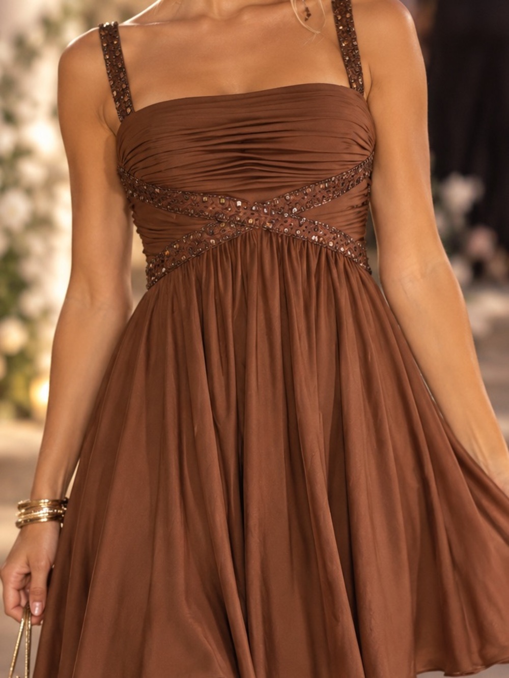 Vintage / Y2K  Caché chocolate brown beaded cocktail dress. Empire waist.